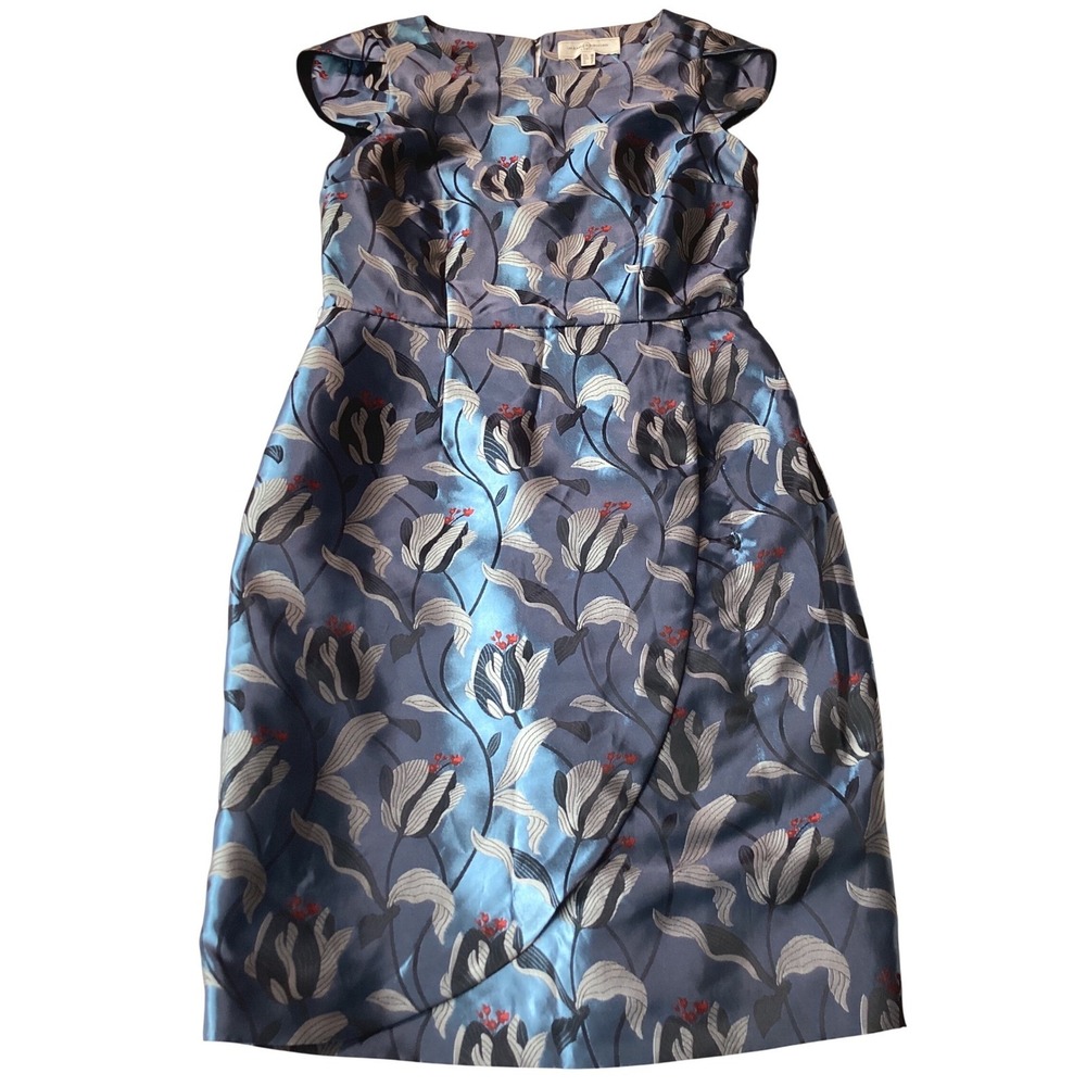 Un Jour Ailleurs Paris Blue Floral Sheath Dress Size 6‎ Satin Jacquard Elegant